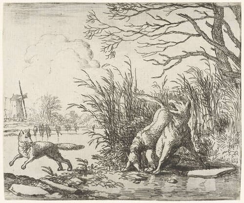 Landschap met twee vossen en een wolf by Allaert van Everdingen