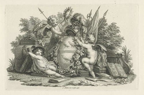 Drie putti bij gehelmd wapenschild by Simon Fokke