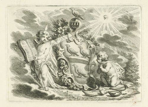 Twee putti bij gehelmd wapenschild by Simon Fokke