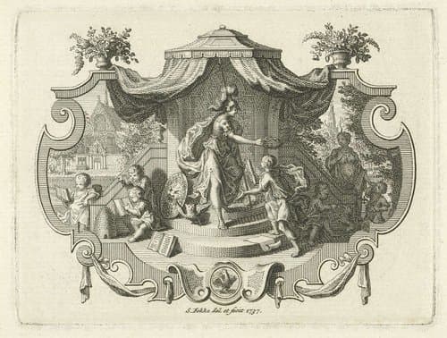 Allegorisch vignet met Minerva die een jongeman lauwert by Simon Fokke
