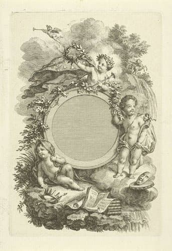 Drie putti rond een medaillon by Simon Fokke