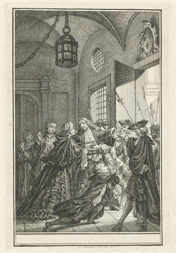 Vier gevangenen onder toezicht van schutters by Simon Fokke