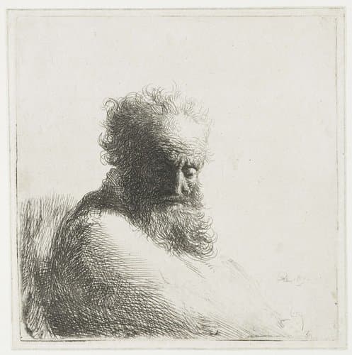 Oude man de blik naar beneden gericht: driekwart, naar rechts by Rembrandt van Rijn