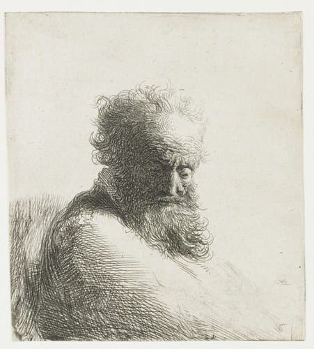 Oude man de blik naar beneden gericht: driekwart, naar rechts by Rembrandt van Rijn