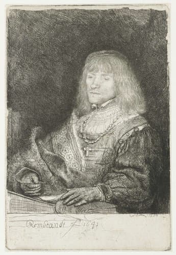 Man aan een lessenaar met halsketting en kruis by Rembrandt van Rijn
