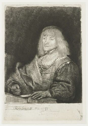 Man at a desk wearing a cross and chain by Rembrandt van Rijn