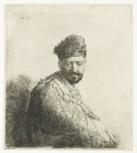 Bebaarde man met oosterse bontmuts en bewerkte mantel: de vader van Rembrandt (?) by Rembrandt van Rijn
