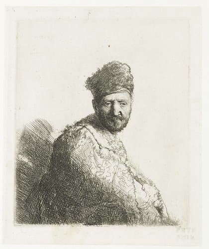 Bebaarde man met oosterse bontmuts en bewerkte mantel: de vader van Rembrandt (?) by Rembrandt van Rijn