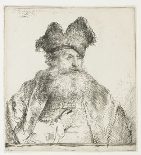 Oude man met een bontmuts met een gespleten opstaande rand by Rembrandt van Rijn