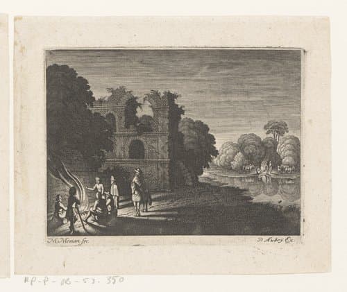 Kampvuur bij ruïne by Matthäus Merian (I)