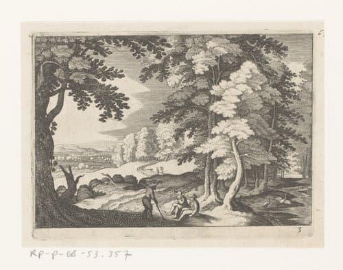 Gesprek tussen drie mannen aan bosrand by Matthäus Merian (I)