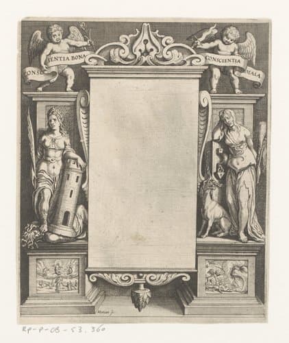 Blanco titelprent met een allegorie op het geweten by Matthäus Merian (I)