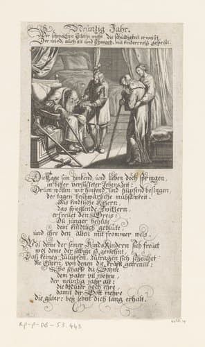 Bejaard echtpaar gehlopen door jong echtpaar by Conrad Meyer
