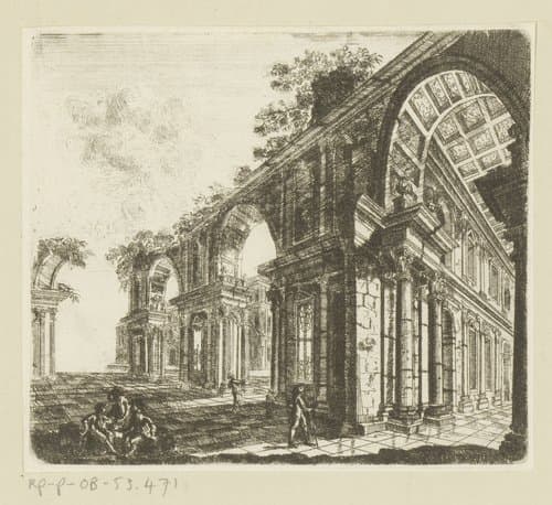 Fantasie architectuur met enkele figuren by Johann Andreas Benjamin Nothnagel