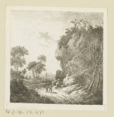 Landschap met man en jongen op pad onderlangs een rots by Johann Andreas Benjamin Nothnagel