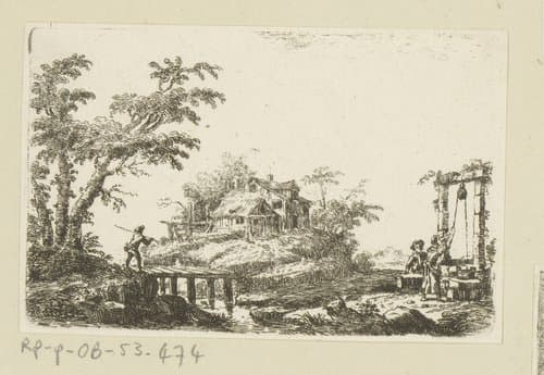 Landschap met houten brug naar een boerderij en twee figuren bij een waterput by Johann Andreas Benjamin Nothnagel