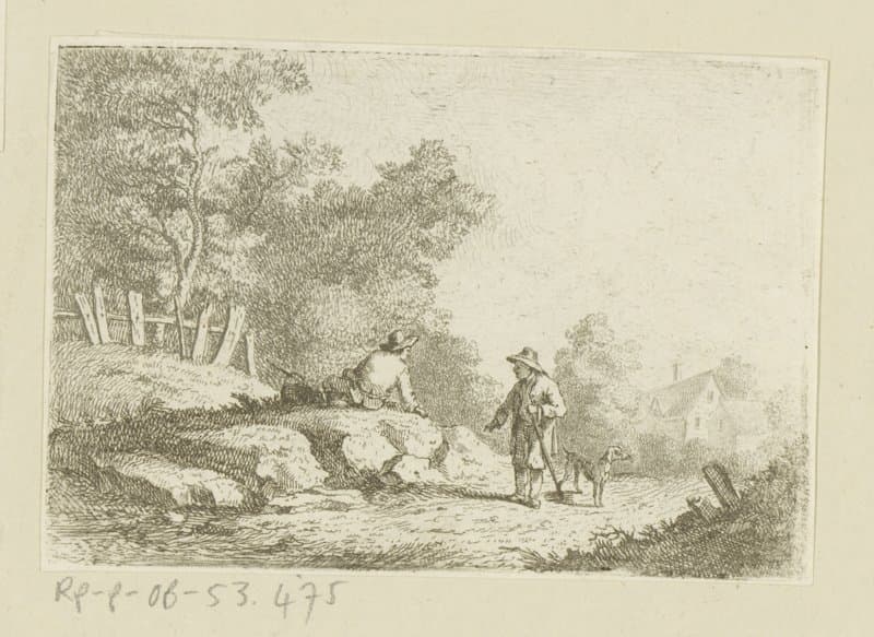 Rustende reiziger langs kant van de weg pratend met man met hond by Johann Andreas Benjamin Nothnagel