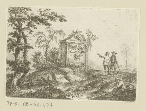 Landschap met twee pratende mannen bij een bron by Johann Andreas Benjamin Nothnagel