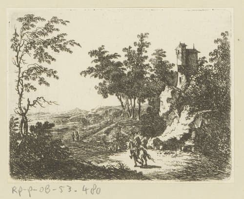 Landschap met uitkijktoren op rots en ruiter op voorgrond by Johann Andreas Benjamin Nothnagel
