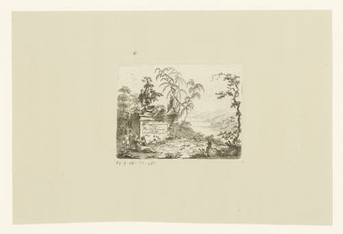 Landschap met figuren bij een monument en een riviergezicht by Johann Andreas Benjamin Nothnagel