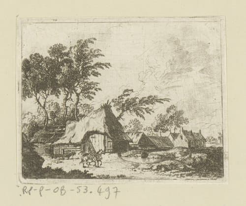 Gezicht op dorpje met twee paarden en ruiter ervoor by C.H. Legel
