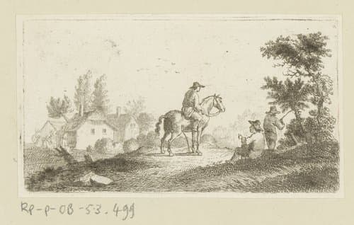 Landschap met man te paard pratend met man langs kant van de weg by Johann Andreas Benjamin Nothnagel