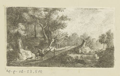 Ruiter bij houten brug in bos by Johann Andreas Benjamin Nothnagel