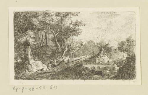 Ruiter bij houten brug in bos by Johann Andreas Benjamin Nothnagel