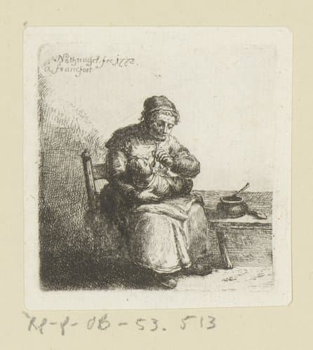 Vrouw voert ingebakerd kindje op haar schoot by Johann Andreas Benjamin Nothnagel