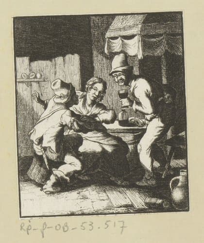 Twee drinkende mannen belagen vrouw aan tafel by Carl August Grossmann