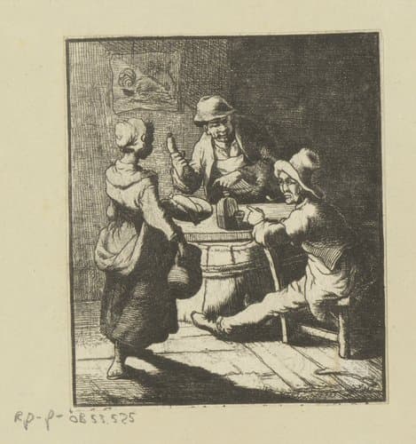 Twee mannen aan tafel, een vrouw draagt worst en drank aan by Carl August Grossmann