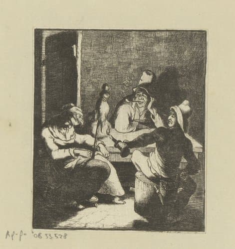 Twee mannen zetten het vuur aan het spinrokken van een slapende vrouw by Carl August Grossmann