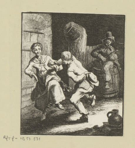 Man en vrouw dansend op muziek van vioolspeler by Carl August Grossmann