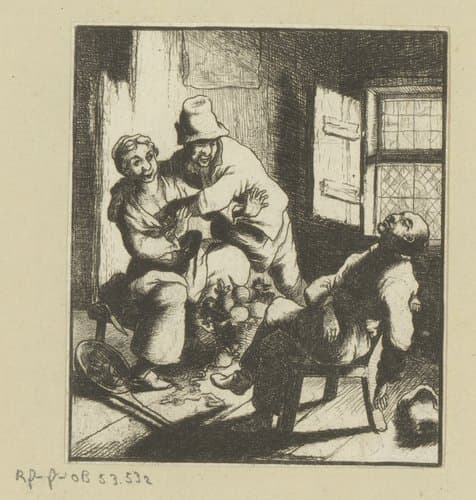 Man grijpt vrouw terwijl andere man slaapt op stoel by Carl August Grossmann