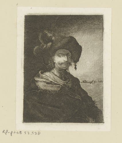 Man met grote hoed met veren by Johann Andreas Benjamin Nothnagel
