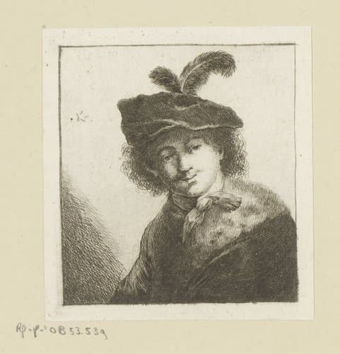 Man met baret met veer en bontkraag by Johann Andreas Benjamin Nothnagel