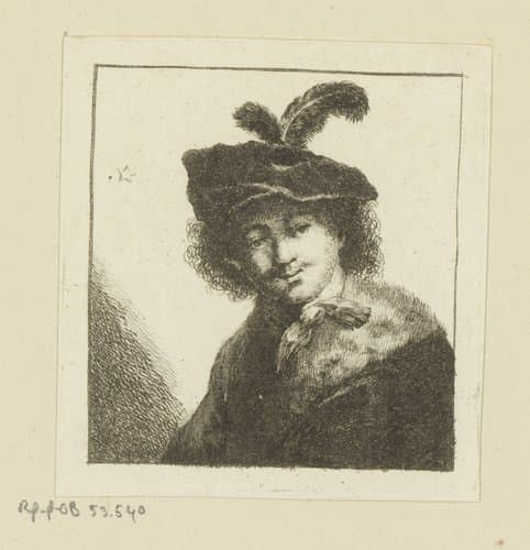 Man met baret met veer en bontkraag by Johann Andreas Benjamin Nothnagel