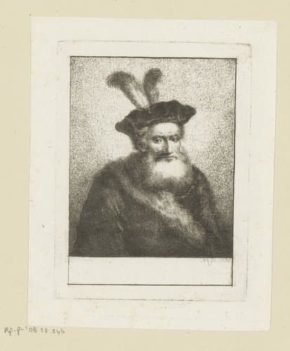 Oude man met baard, baret met twee veren en bontmantel
