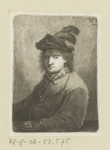 Man met muts met veren en ketting om by Johann Andreas Benjamin Nothnagel