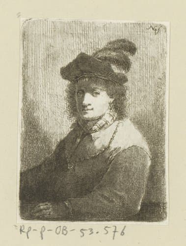 Man met muts met veren en ketting om by Johann Andreas Benjamin Nothnagel