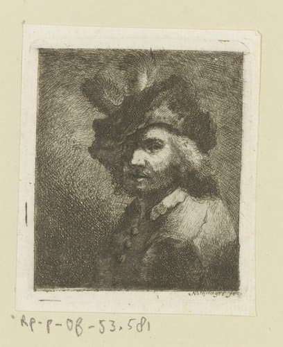 Man met baret met veren schuin op het hoofd by Johann Andreas Benjamin Nothnagel