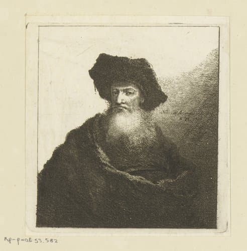 Bebaarde man met grote baret en cape omgeslagen by Johann Andreas Benjamin Nothnagel