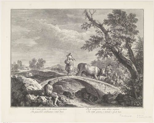 Landschap met een herder en herderin met kudde op een bruggetje by Francesco Bartolozzi