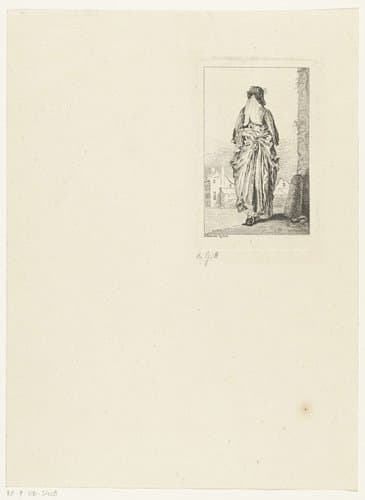 Vrouw op de rug gezien en gekleed volgens de mode van ca. 1710 by Jean Antoine Watteau