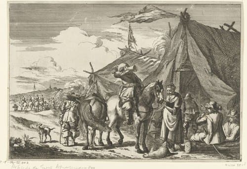 Ruiters rusten bij tenten by Romeyn de Hooghe