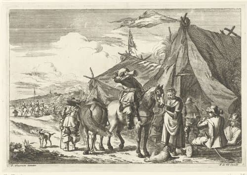 Ruiters rusten bij tenten by Romeyn de Hooghe