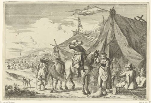 Ruiters rusten bij tenten by Romeyn de Hooghe