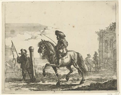Ruiter met links een knecht en rechts een ruïne by Romeyn de Hooghe