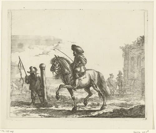Ruiter met links een knecht en rechts een ruïne by Romeyn de Hooghe