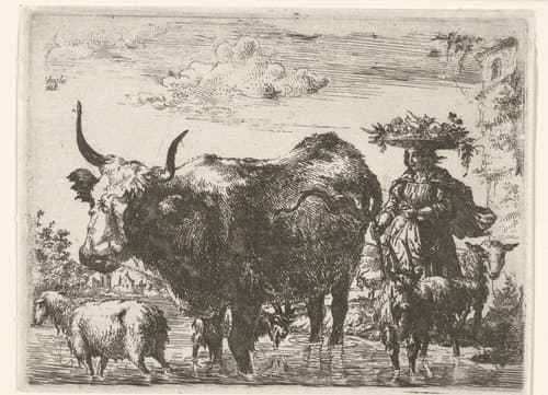 Herderin met mand op het hoofd, een koe, twee geiten en twee schapen in het water by Romeyn de Hooghe